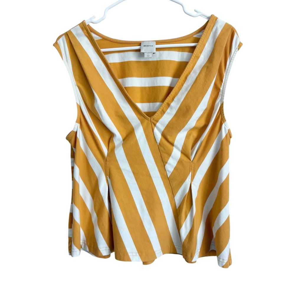 Maeve Anthropologie Sleeveless V Neck Top Sz Large Mustard Yellow White Striped